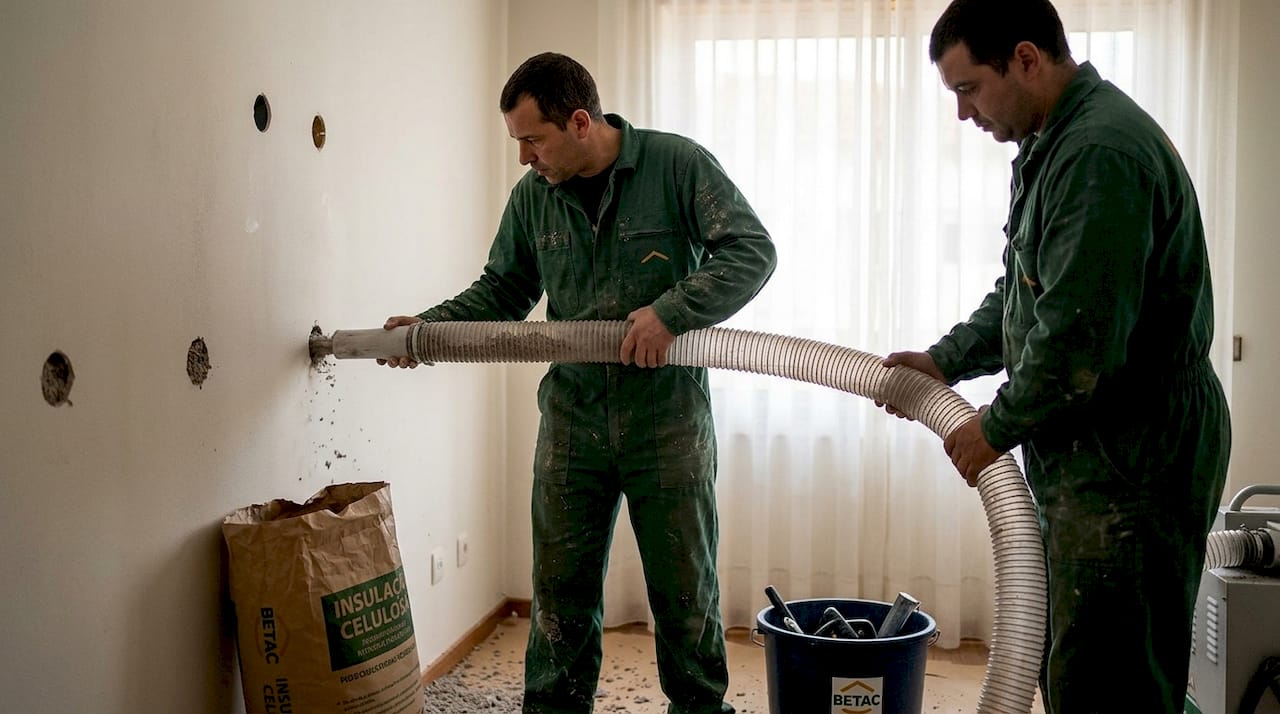 Profissionais aplicam isolamento de celulose projetada numa parede