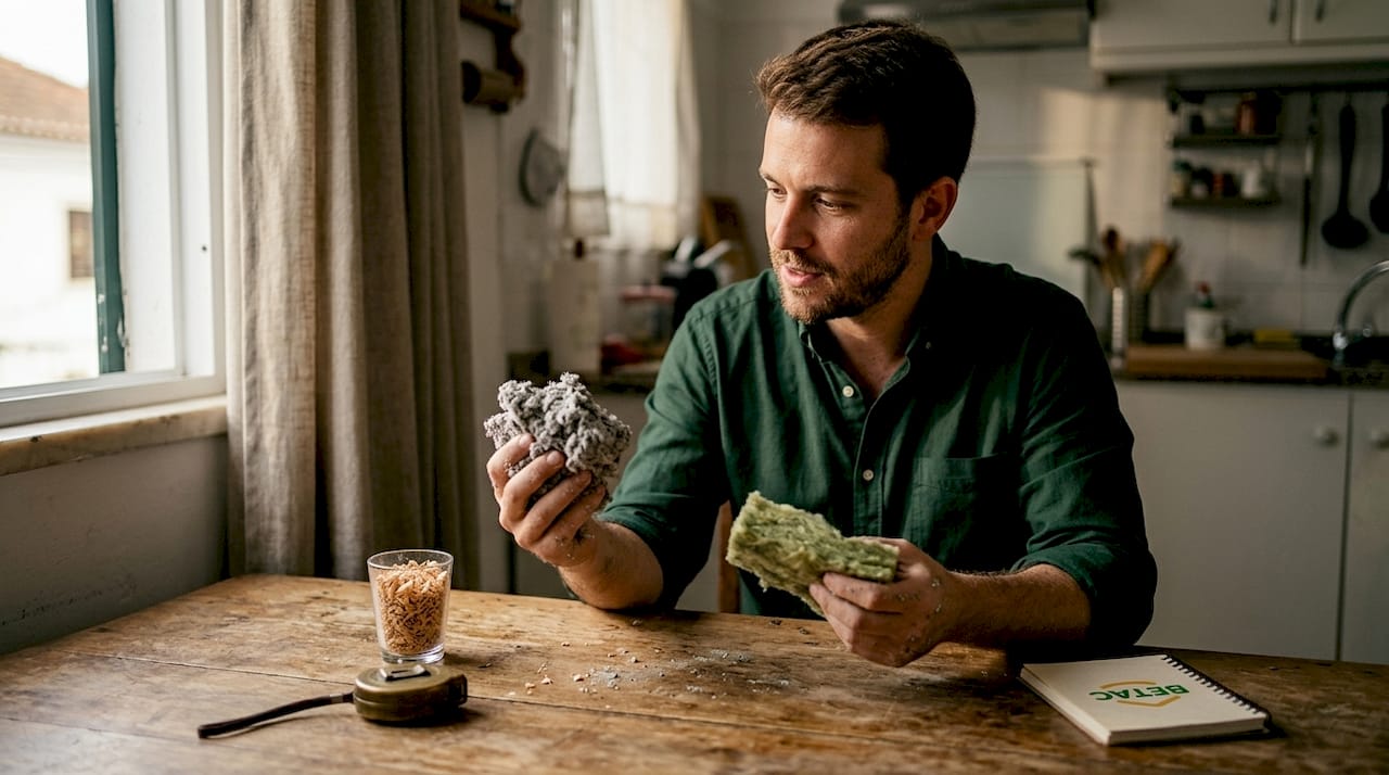 Um homem analisa diferentes tipos de isolamento dispostos sobre a mesa.