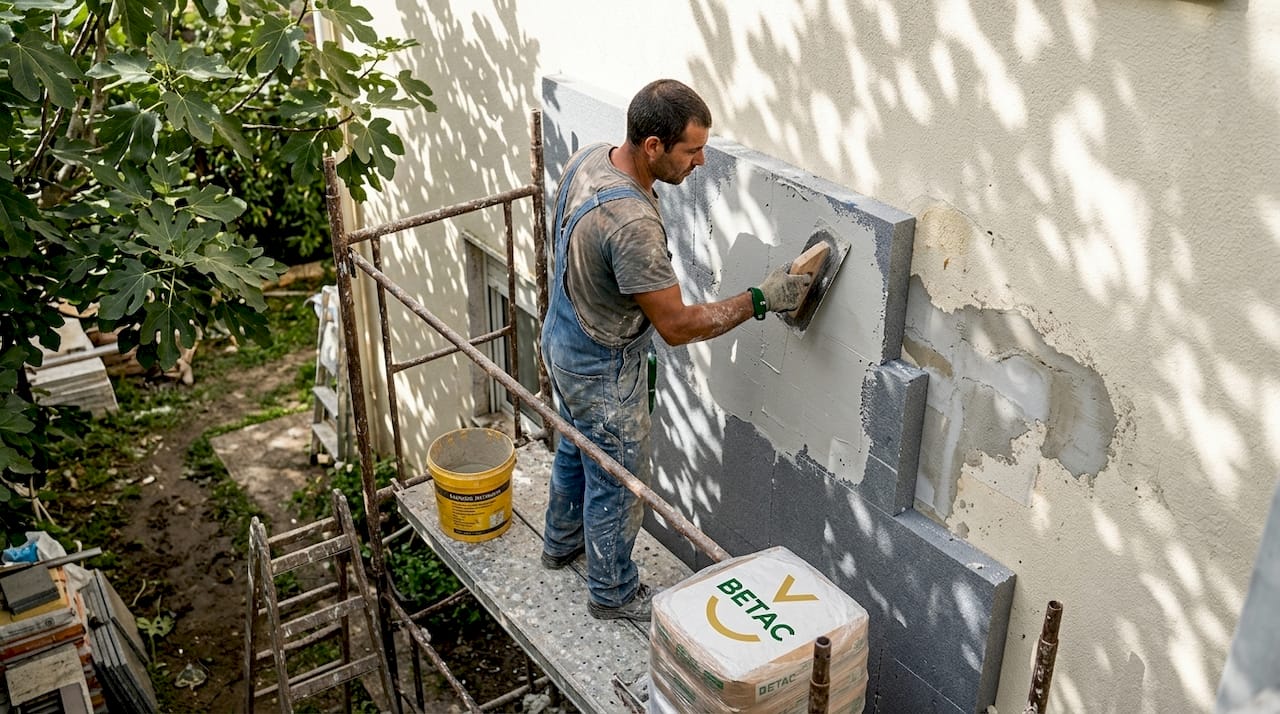 Técnico a aplicar isolamento térmico na fachada de uma casa