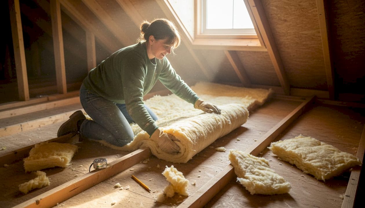 Mulher a aplicar lã mineral no sótão