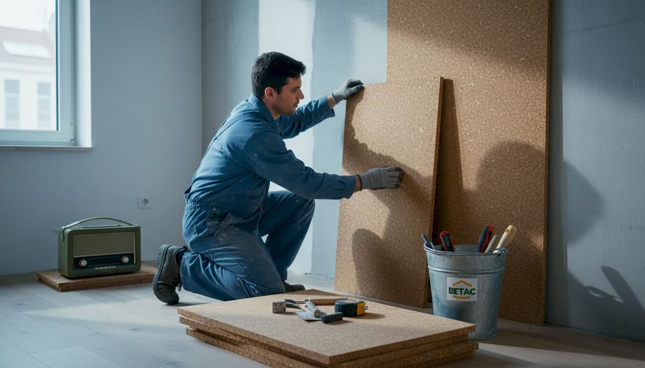 Colocação de placas de cortiça expandida na parede