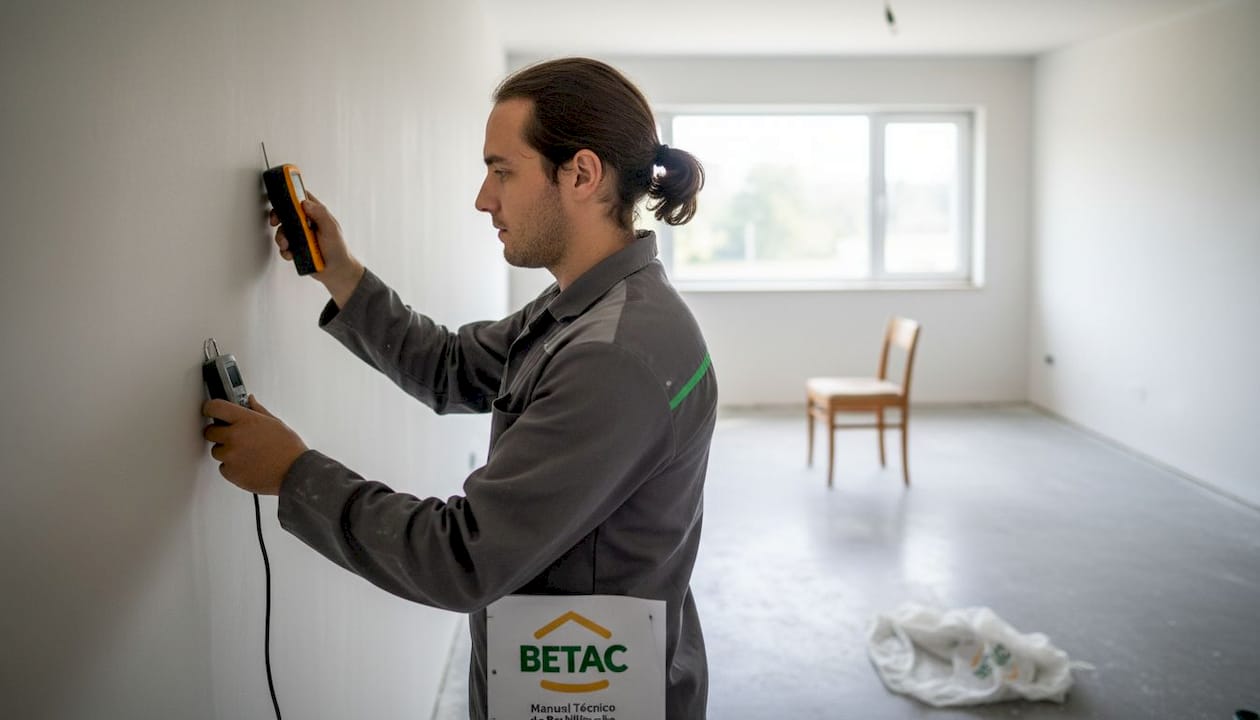Técnico avalia o nível de humidade numa parede com isolamento em celulose.