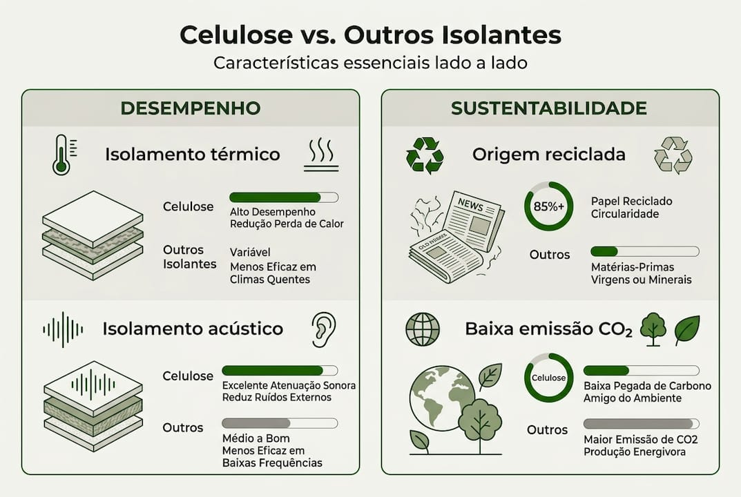 Infográfico: celulose vs. outros materiais de isolamento — comparação das principais características