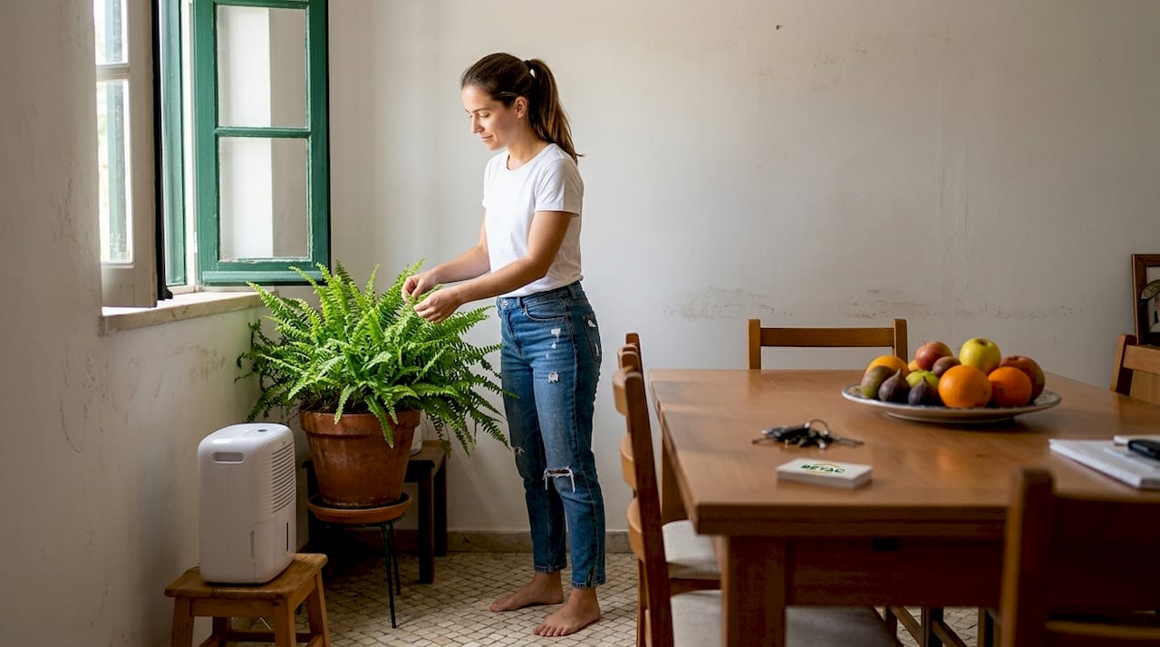Uma mulher dedica-se a cuidar das suas plantas junto à janela aberta, aproveitando a luz natural.