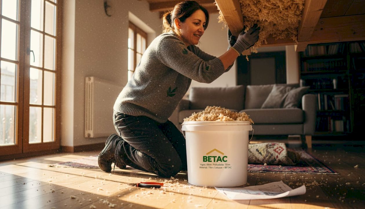 Uma mulher a aplicar isolamento de celulose para proteger contra a humidade.