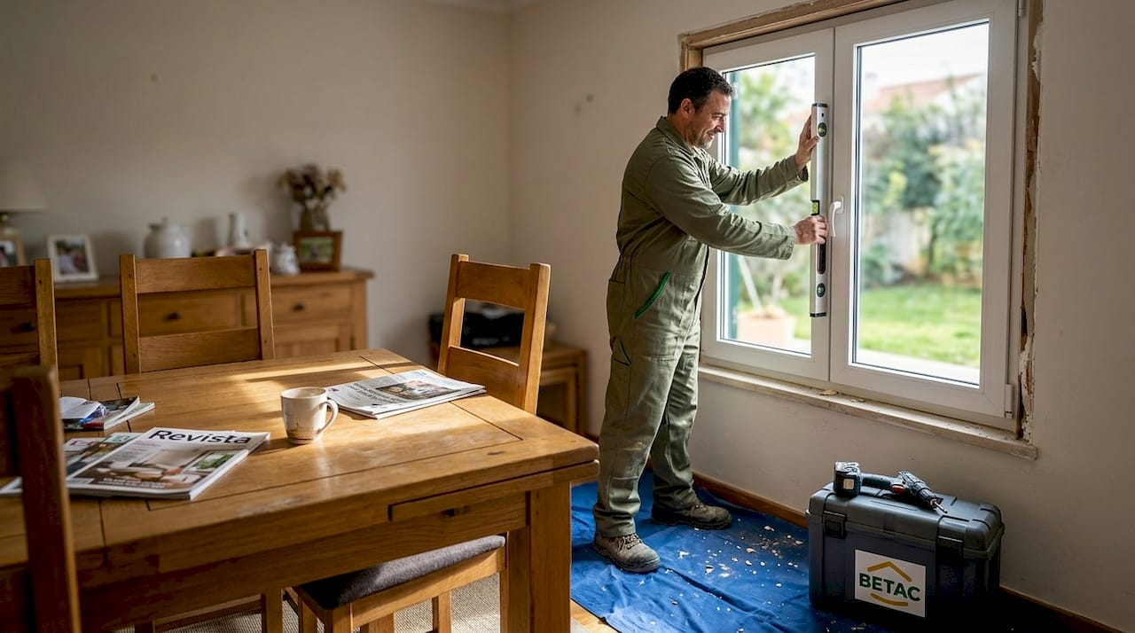 Profissional a colocar uma janela de vidro duplo durante obras de renovação