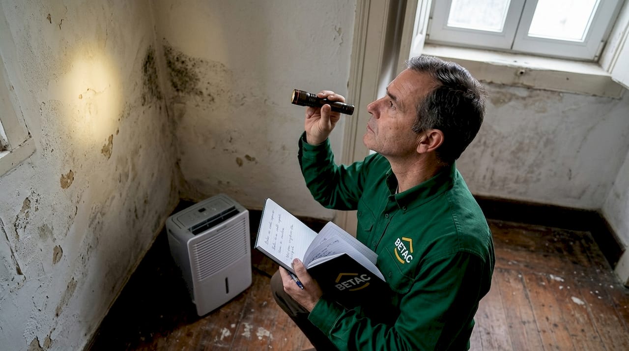 Homem observa atentamente uma zona com bolor na parede