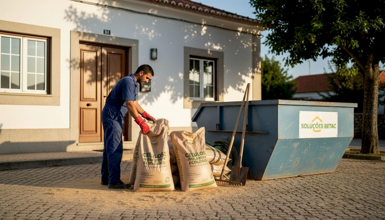 Sacos de celulose ao lado da típica casa portuguesa