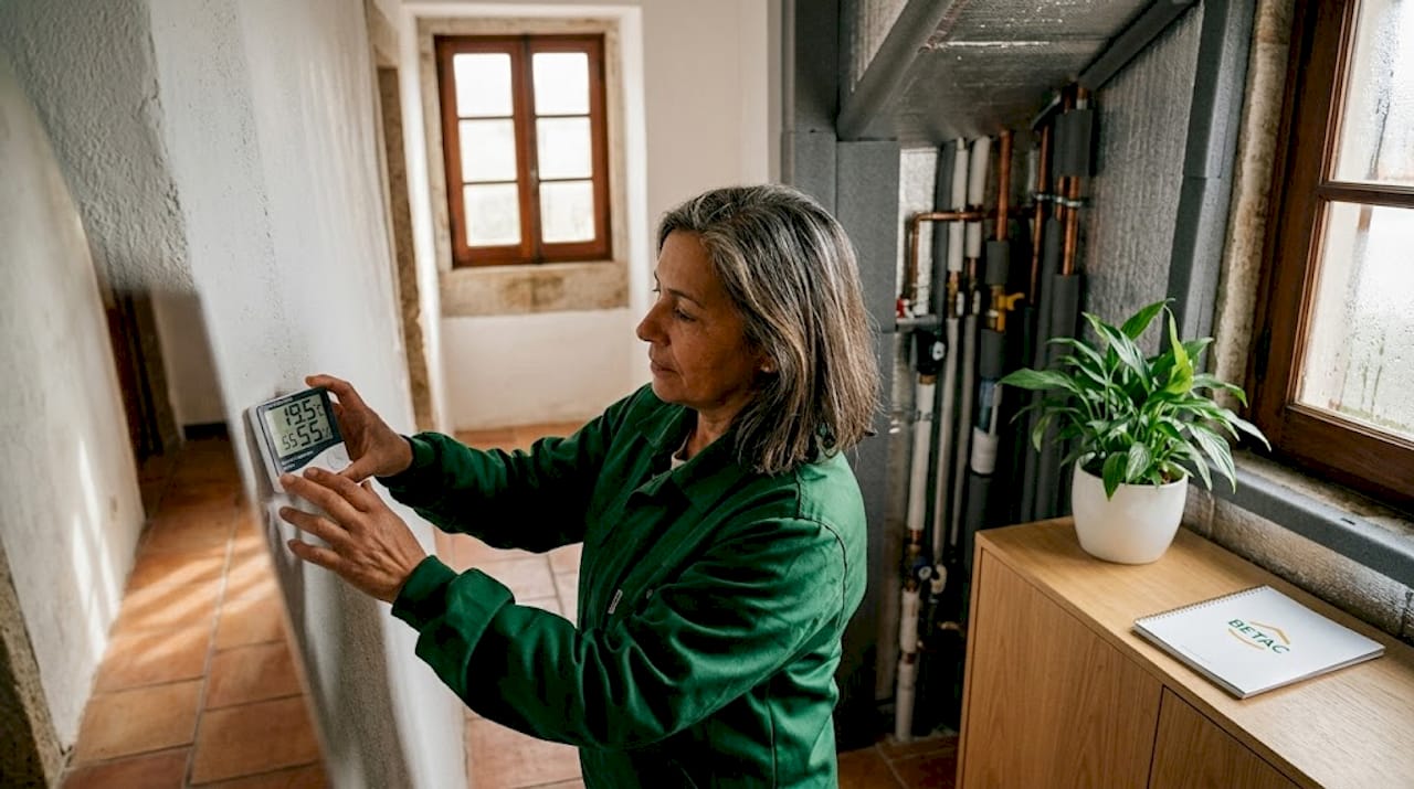 Residente avalia os níveis de humidade numa casa isolada com celulose