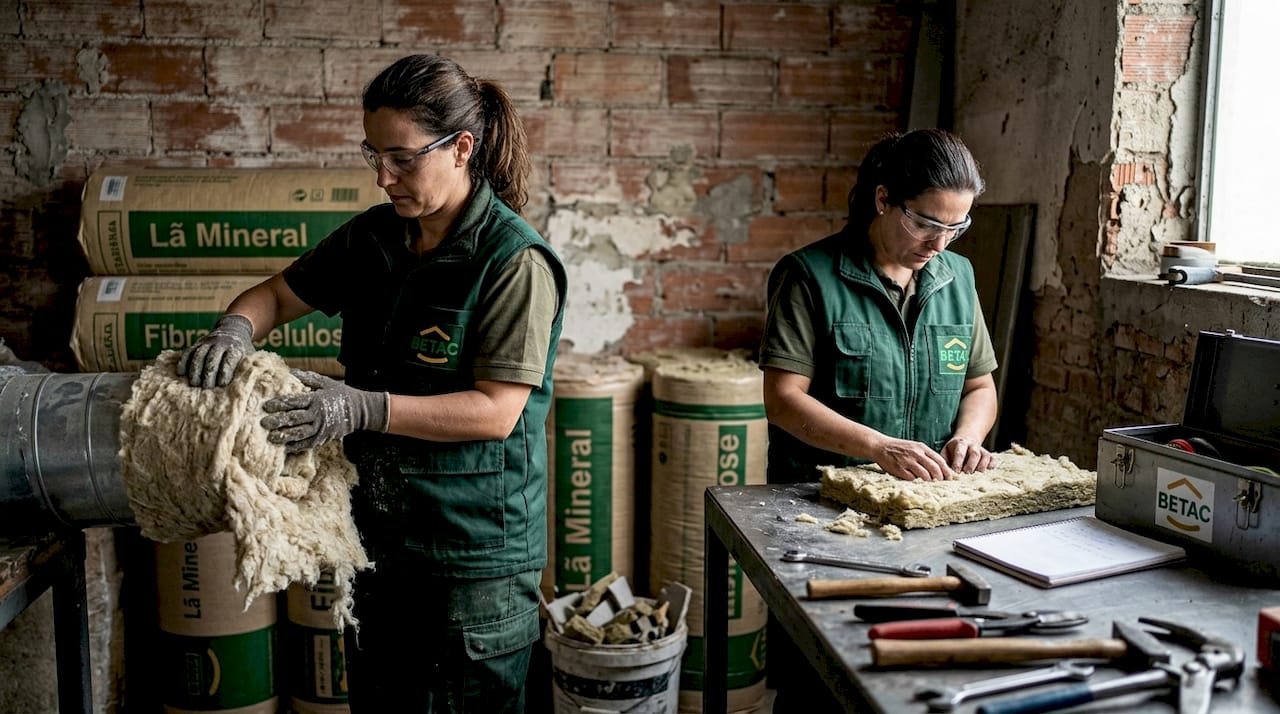 Profissionais especializados instalam materiais de isolamento ecológico