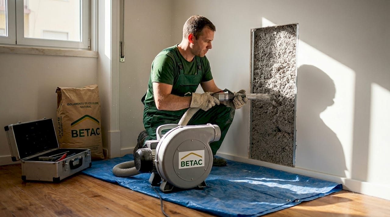 Profissional a aplicar isolamento de celulose num apartamento