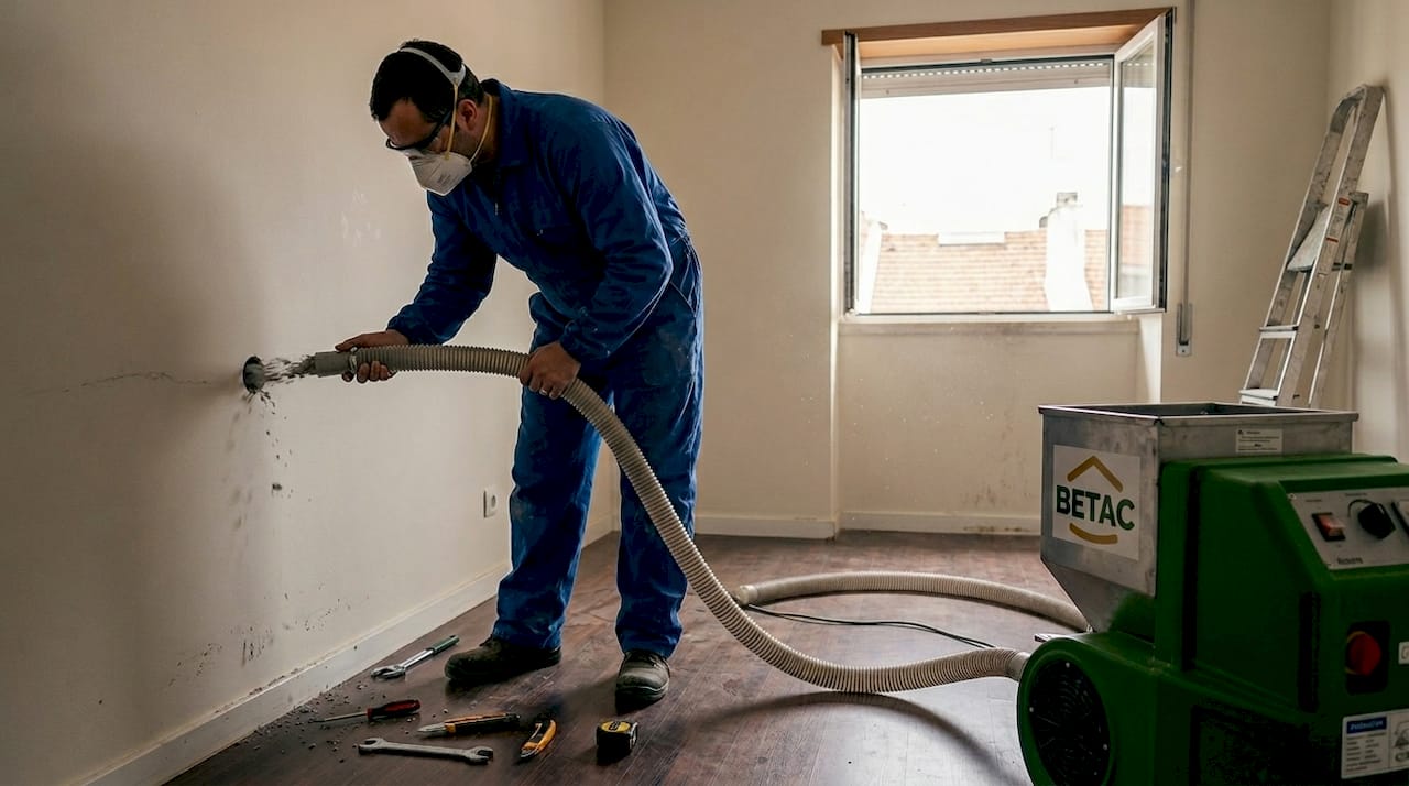 Profissional aplica isolamento de fibra de celulose numa parede