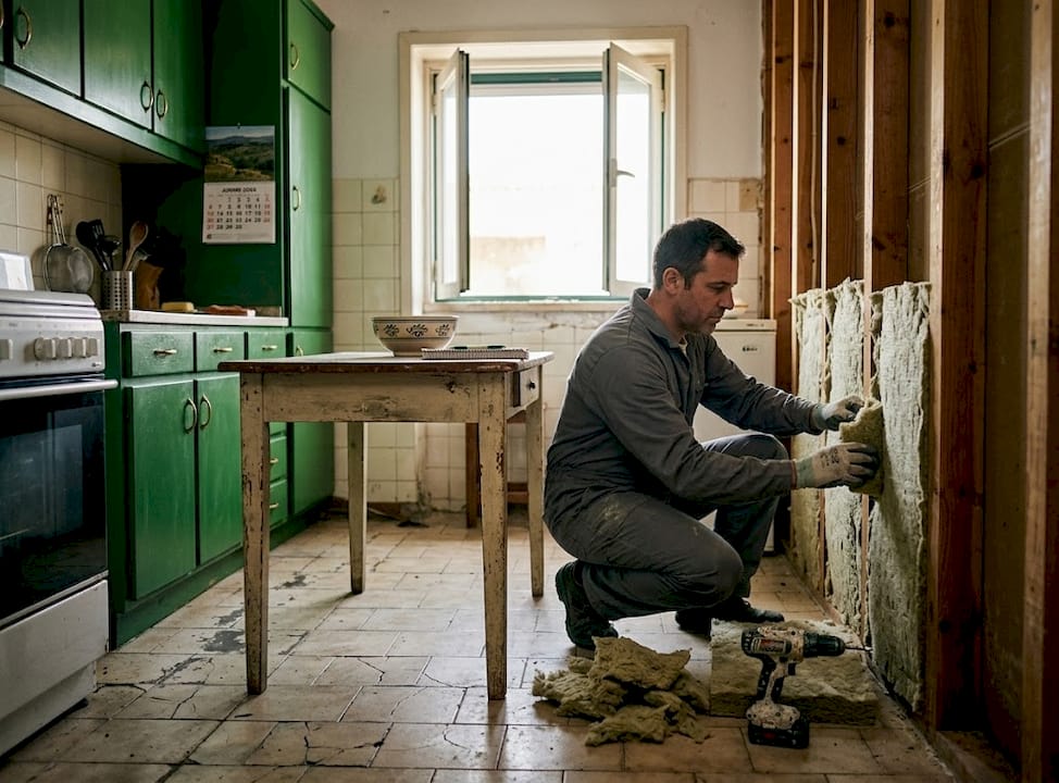 Profissional a colocar isolamento térmico numa parede antiga de cozinha.