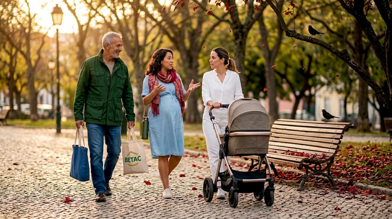 Grupo a passear e a conversar num jardim urbano de Lisboa