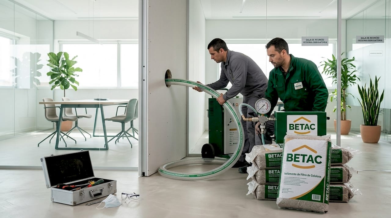 Equipa especializada a aplicar isolamento em celulose nas paredes de uma empresa
