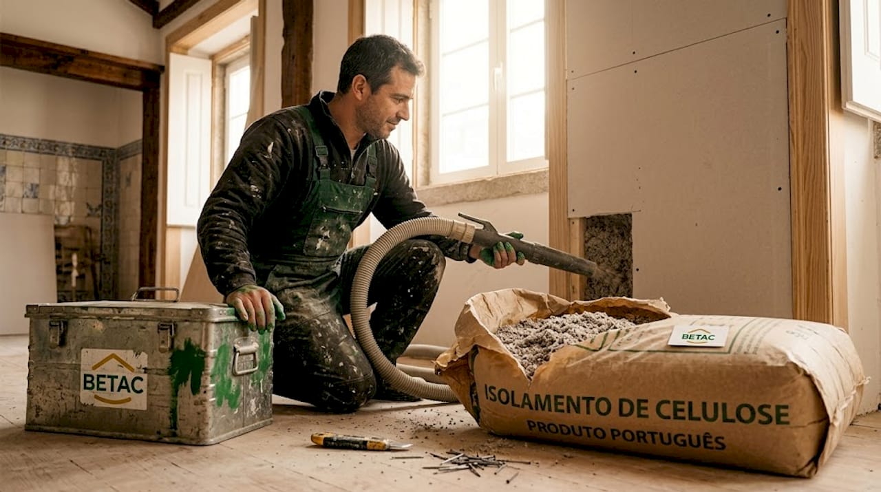 Profissional a colocar isolamento térmico por trás das placas de pladur