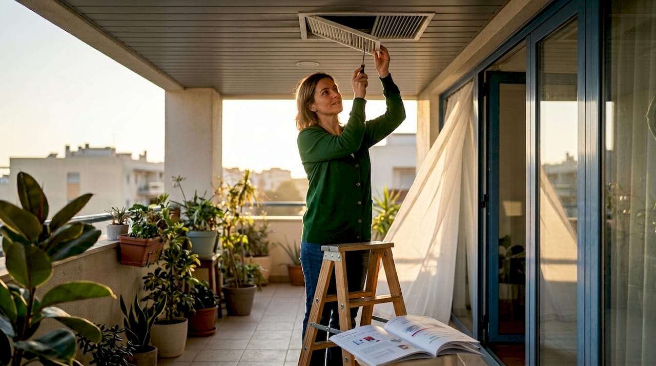 Mulher avalia o sistema de ventilação integrado no isolamento de uma casa
