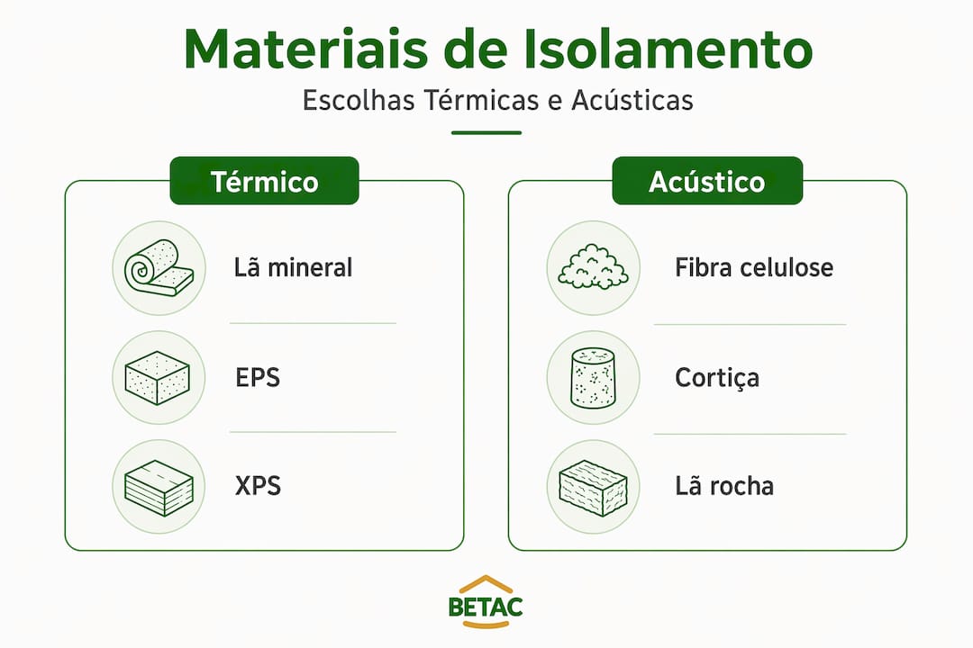 Infografia sobre tipos de materiais utilizados no isolamento térmico e acústico