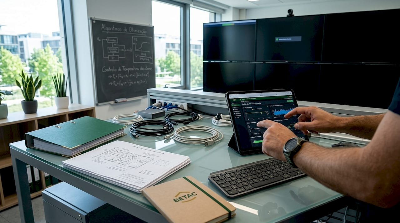Operadores a manusear equipamentos técnicos numa sala de controlo