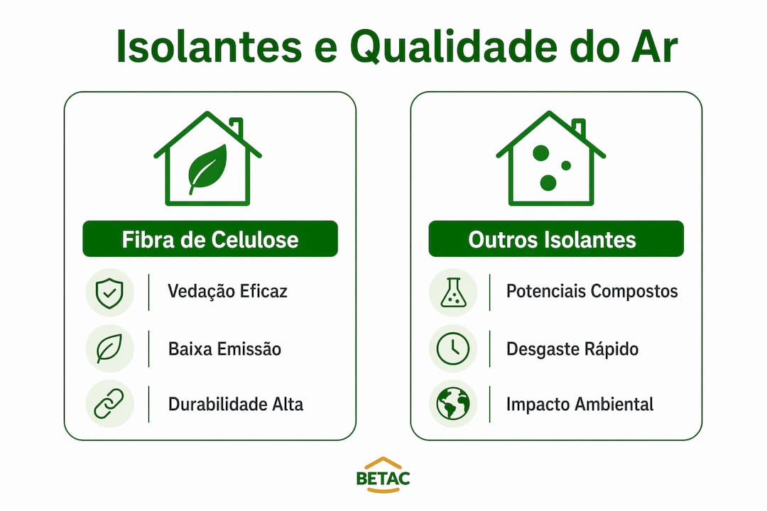 Infografia que compara o impacto da fibra de celulose e de outros materiais isolantes na qualidade do ar interior