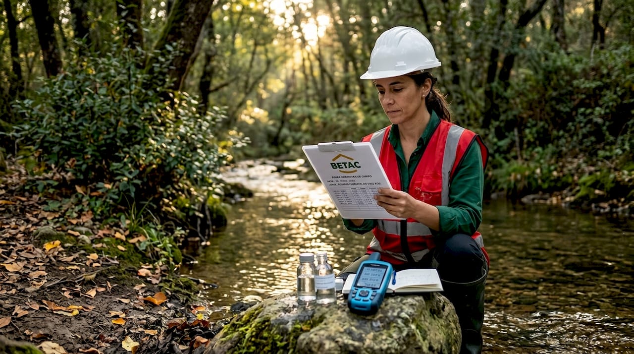 Engenheiro florestal a avaliar dados ambientais junto a uma ribeira