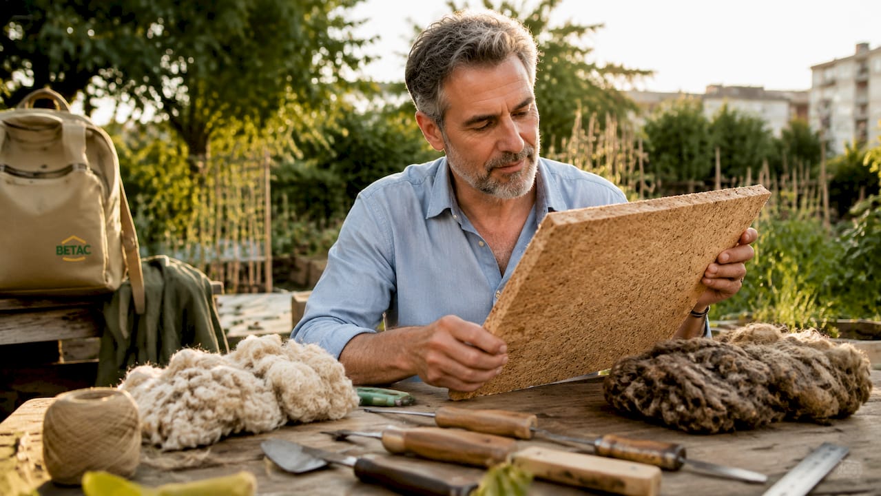 O artesão analisa cuidadosamente diferentes materiais naturais com propriedades isolantes.