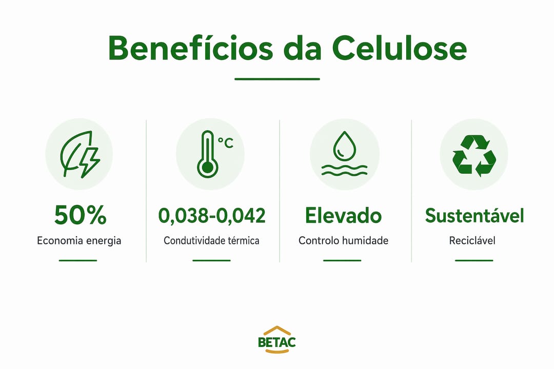 Infográfico que destaca as vantagens do isolamento térmico com celulose