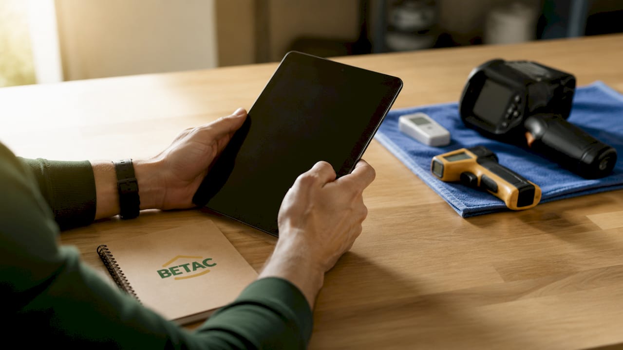 Mãos a segurar um tablet ao lado de um equipamento de medição térmica