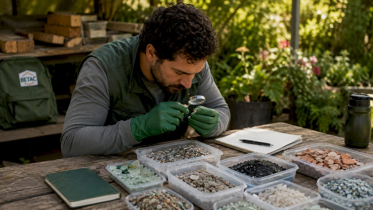 Mãos a analisar amostras de materiais de construção reciclados