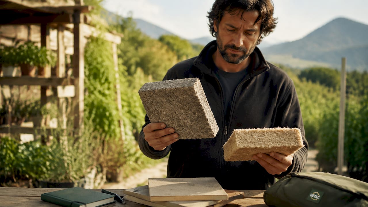 Mãos a analisar e a comparar diferentes materiais isolantes de origem natural