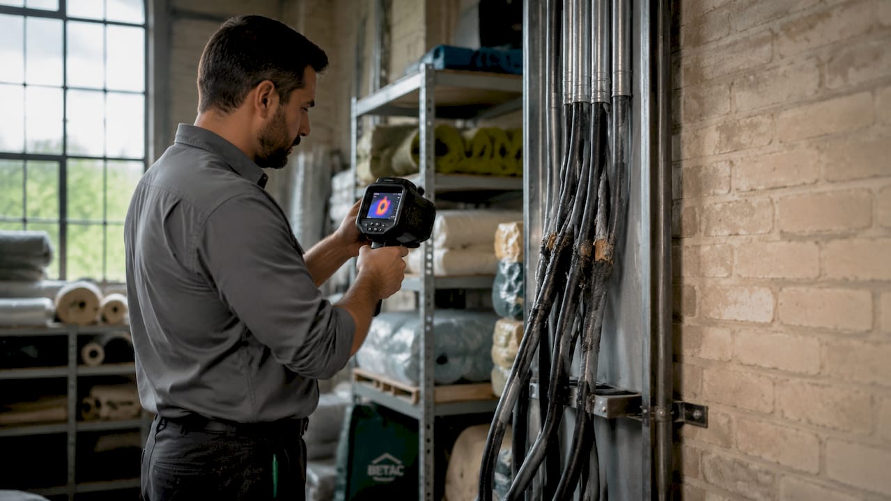 O técnico utiliza uma câmara termográfica para realizar a inspeção, com as mãos a operar o equipamento.
