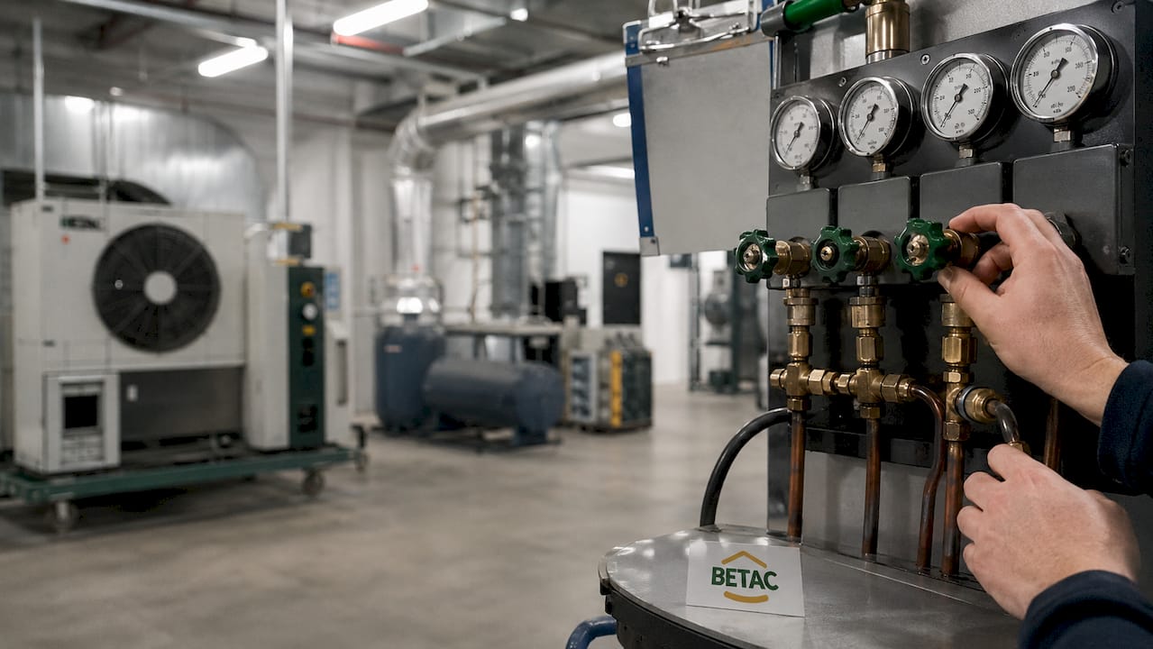 Técnico a regular o sistema de ar condicionado no interior