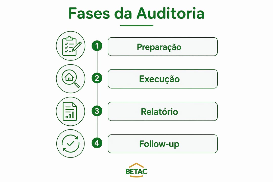 Infografia sobre as diferentes etapas do processo de auditoria ao isolamento