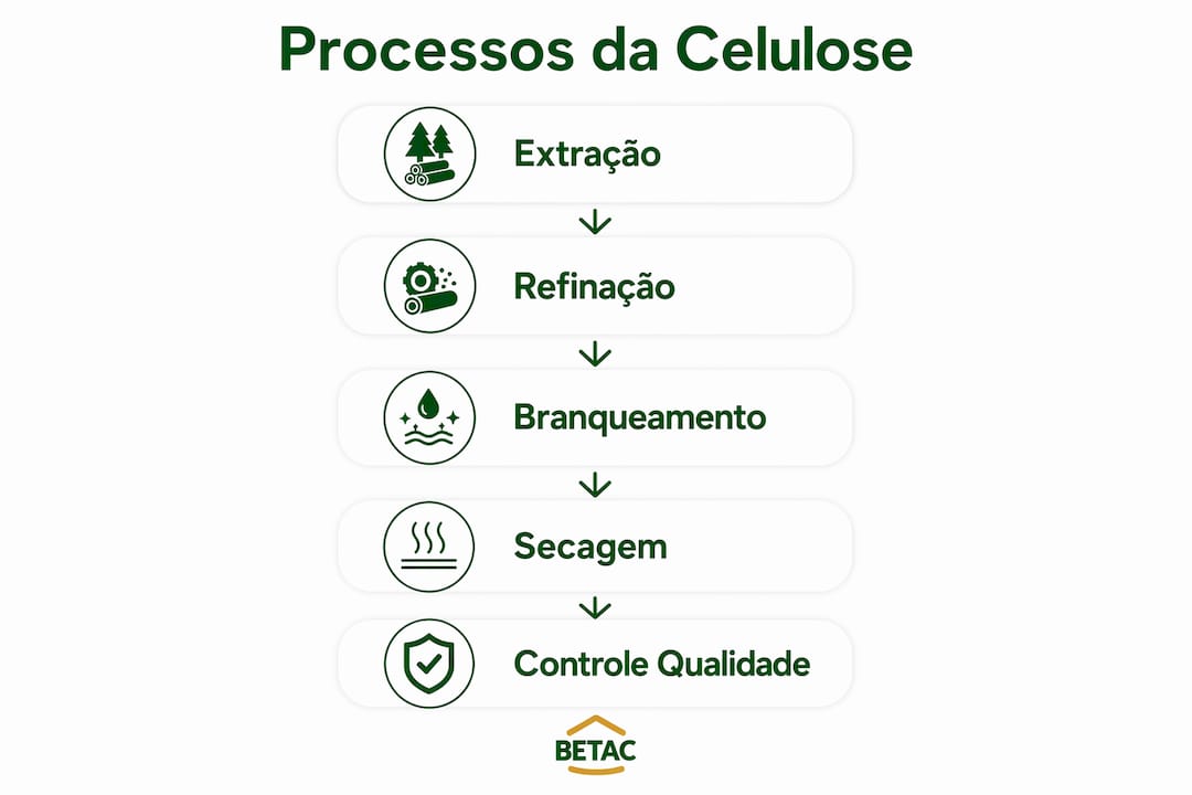 Infografia que destaca as principais etapas do processo industrial da produção de celulose