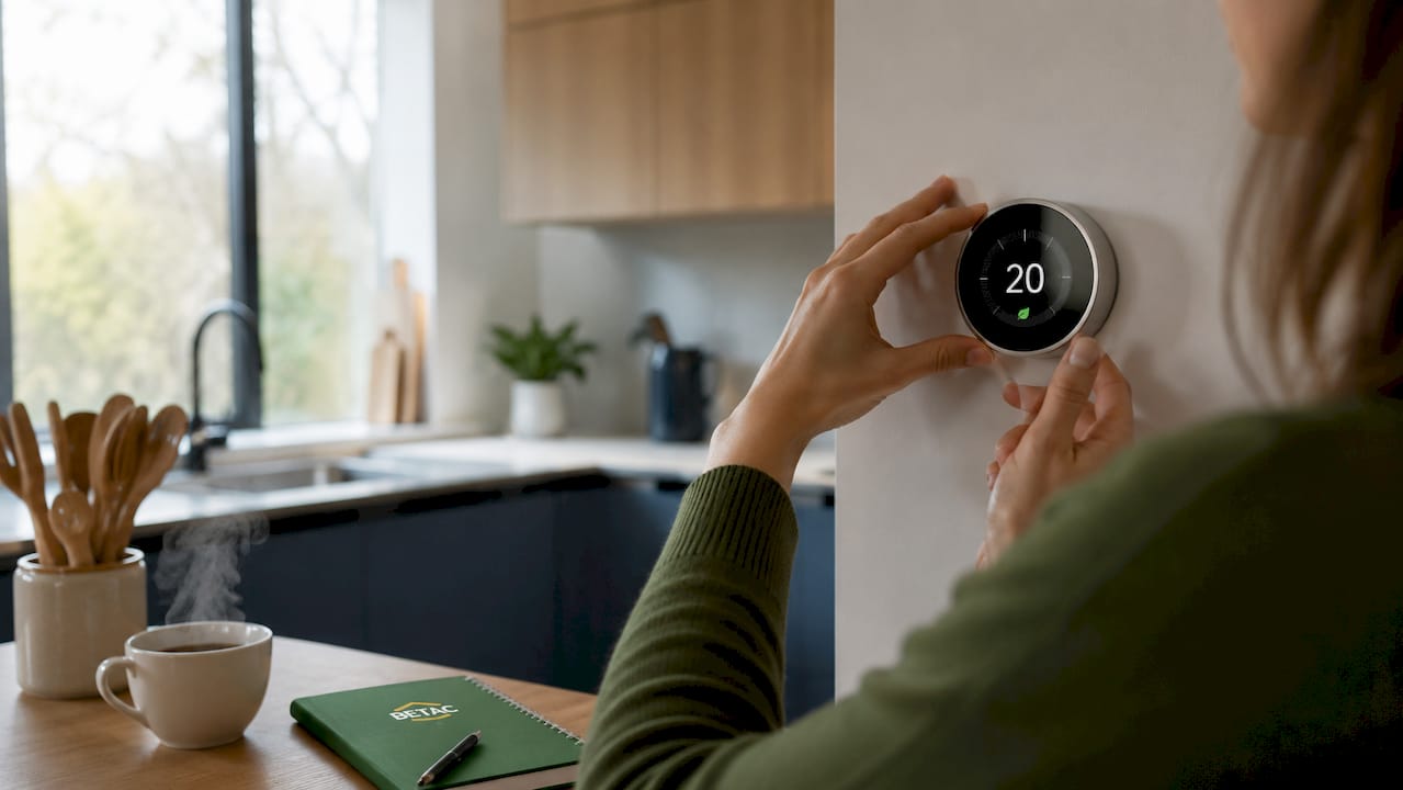 Mãos a regular o termóstato digital numa casa bem isolada