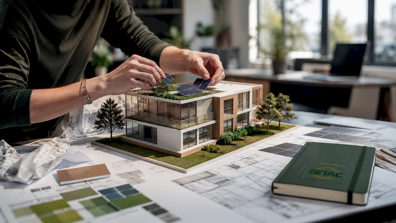 Mãos a ajustar a maquete de um edifício