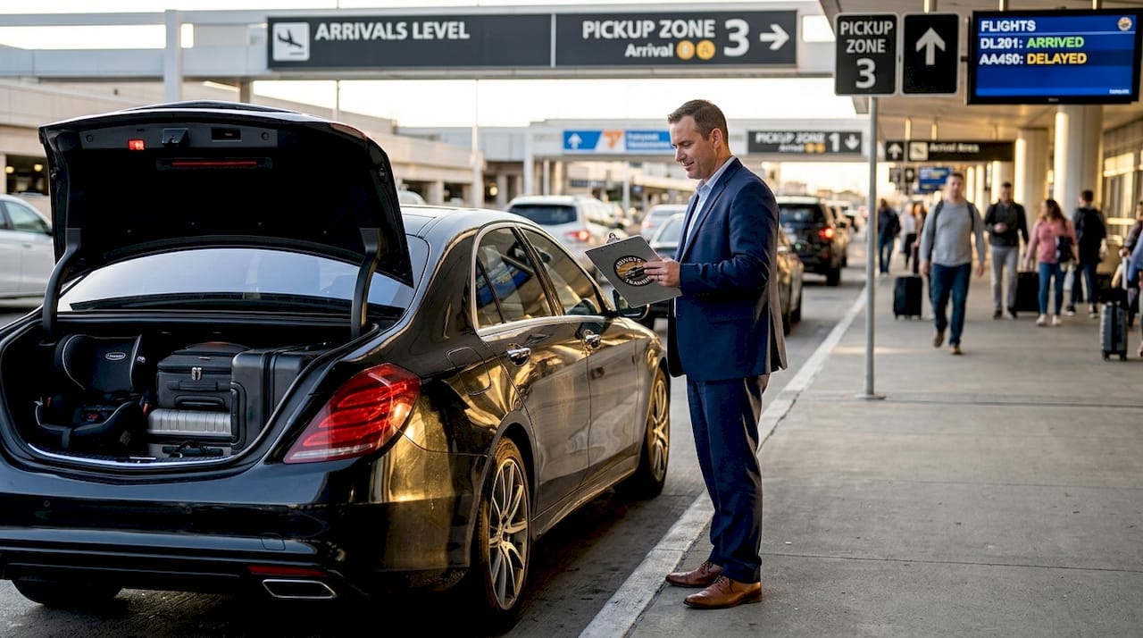 Chauffeur with executive airport transfer vehicle