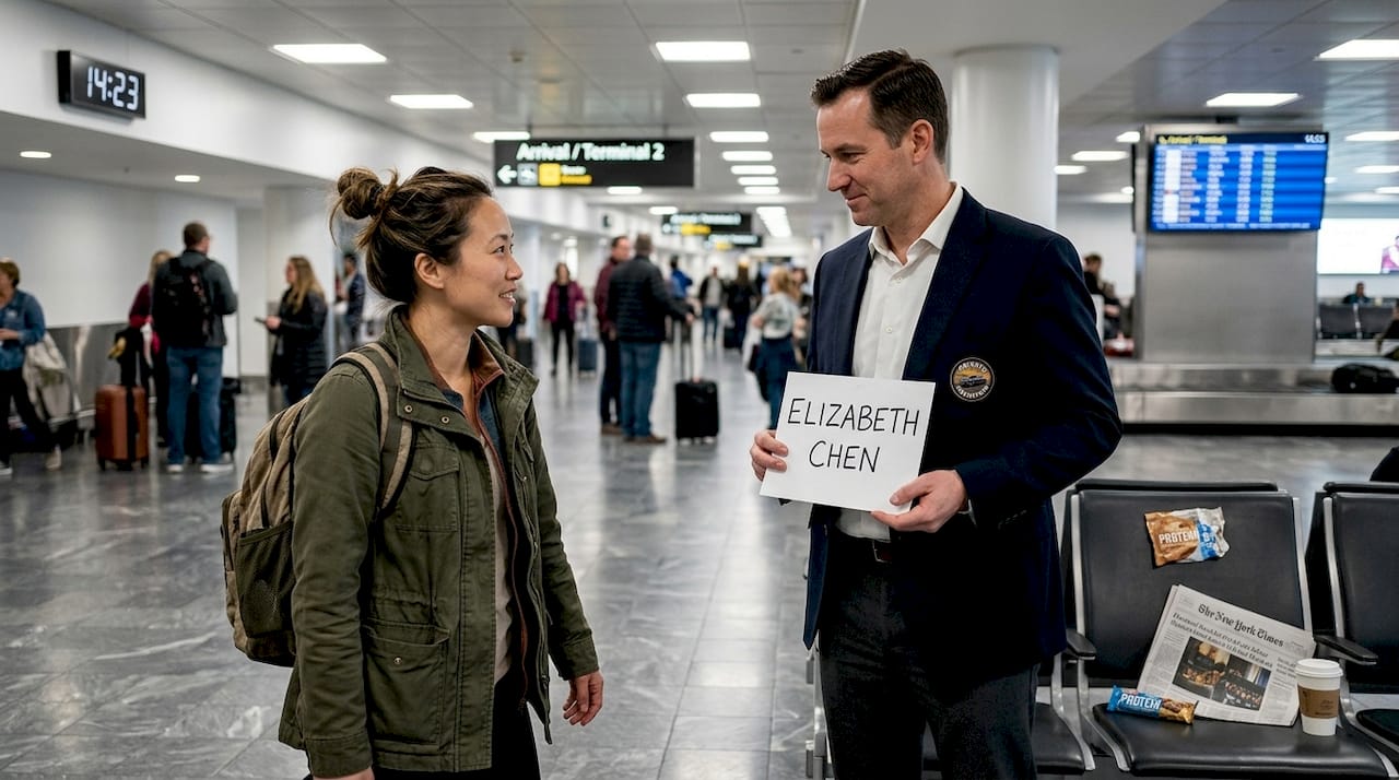 Traveler greeted by chauffeur with name sign