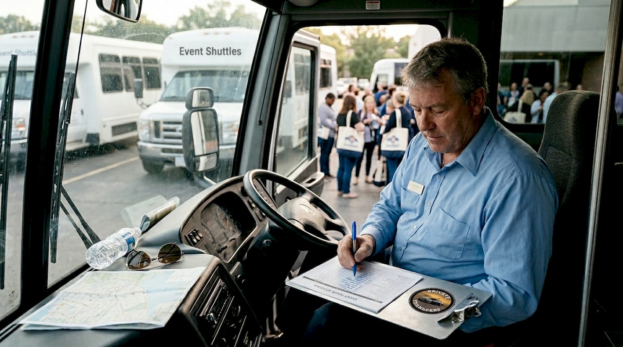 Shuttle driver checking event schedule in bus