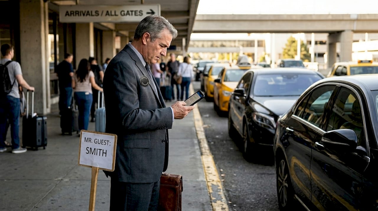 Chauffeur checking phone and guest sign