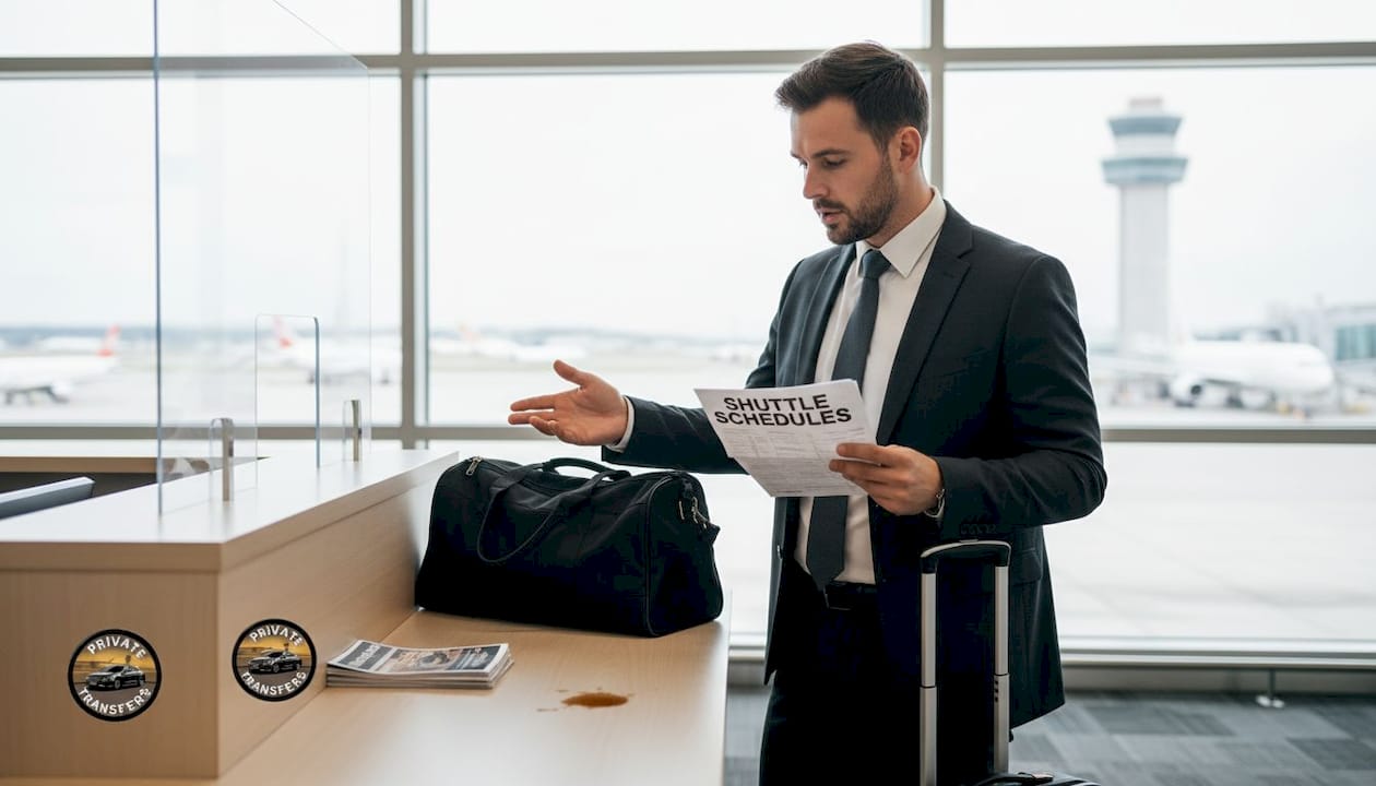 Traveler checks luggage at shuttle kiosk
