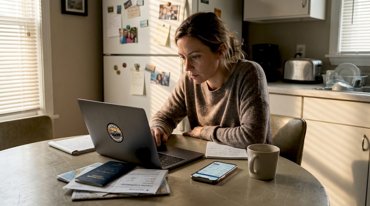 Person booking chauffeur service at home kitchen