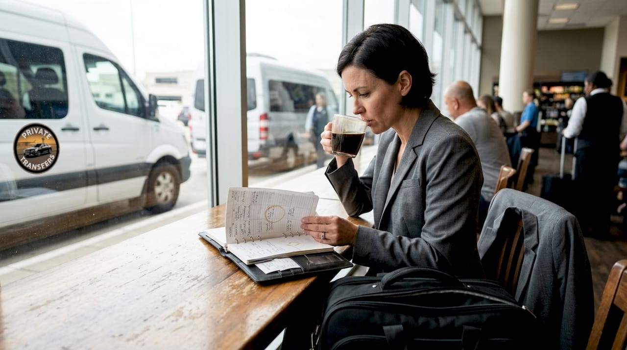 Business traveler reviewing plans by airport window