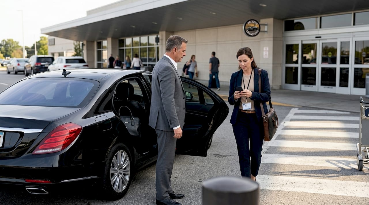 Chauffeur assisting conference VIP at airport