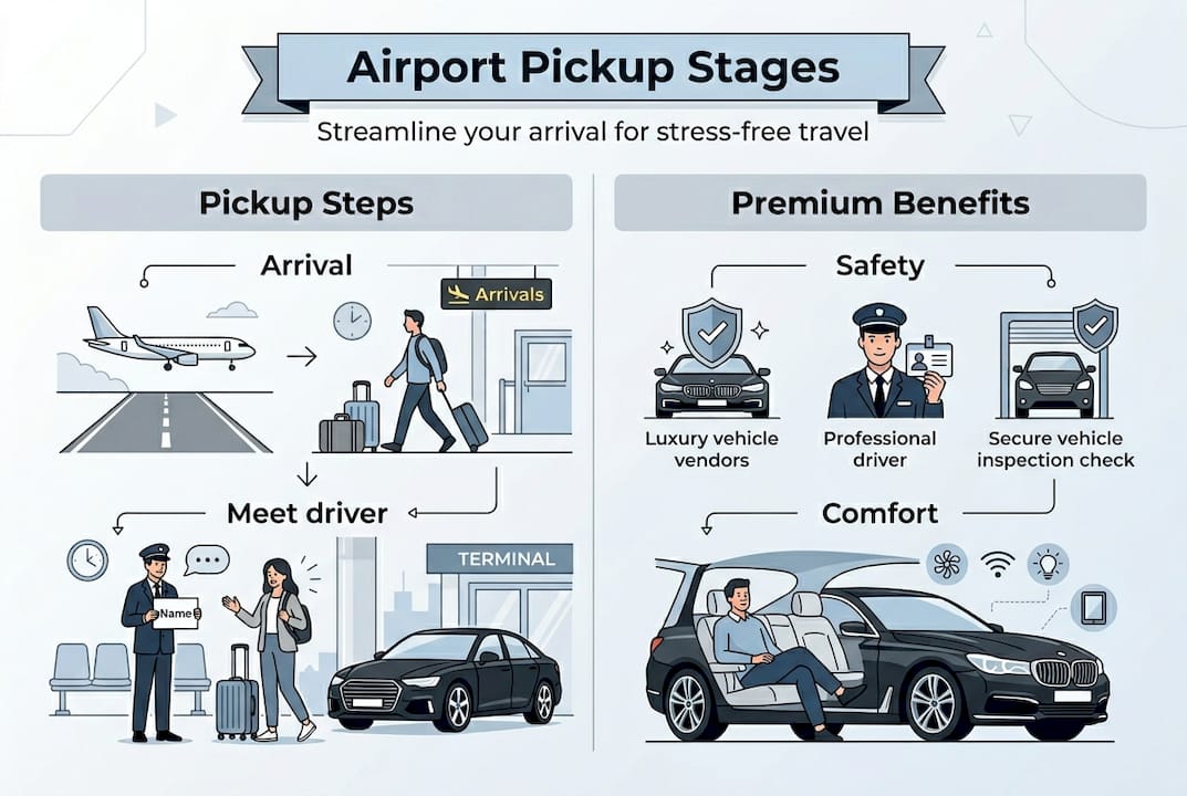 Infographic showing airport pickup stages and benefits