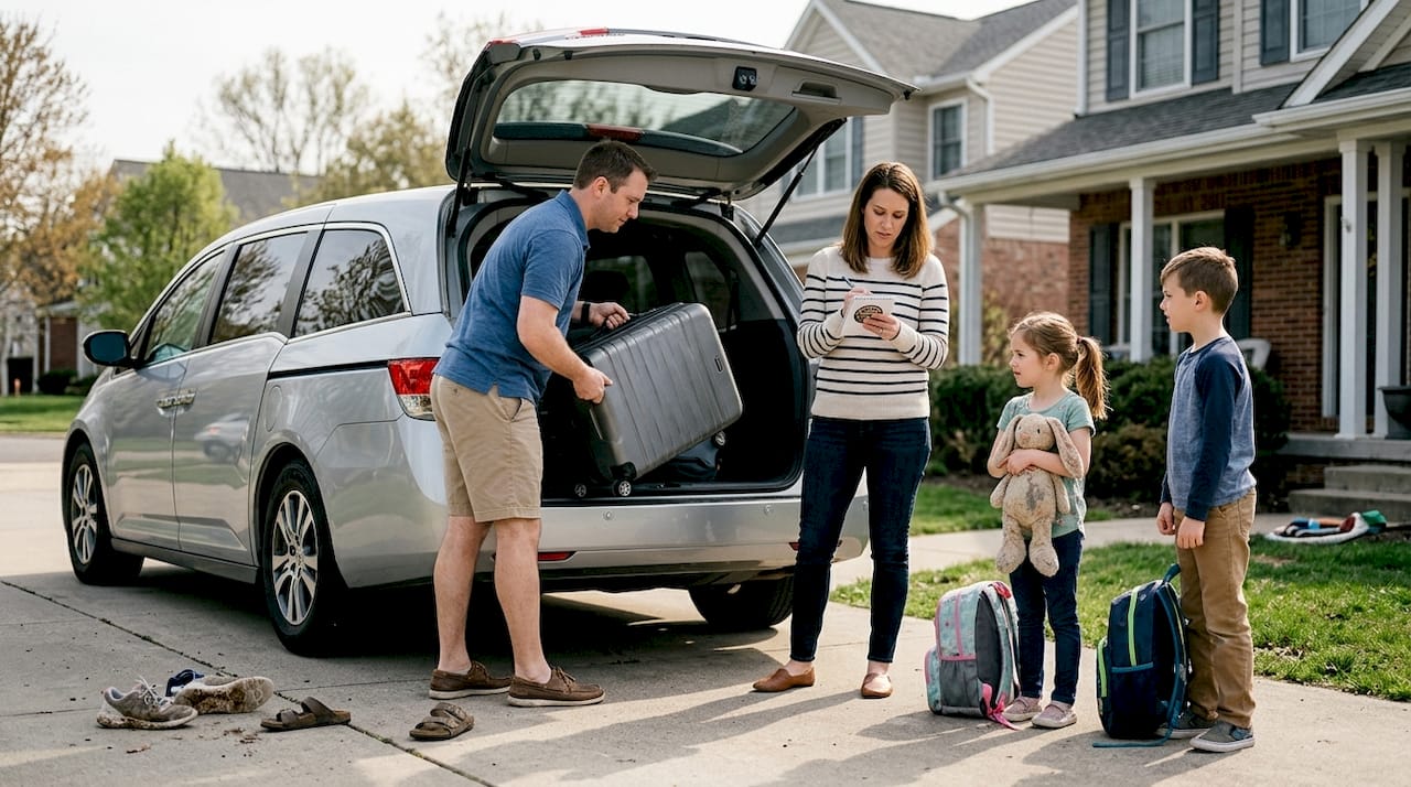 Family loading luggage into airport transfer vehicle