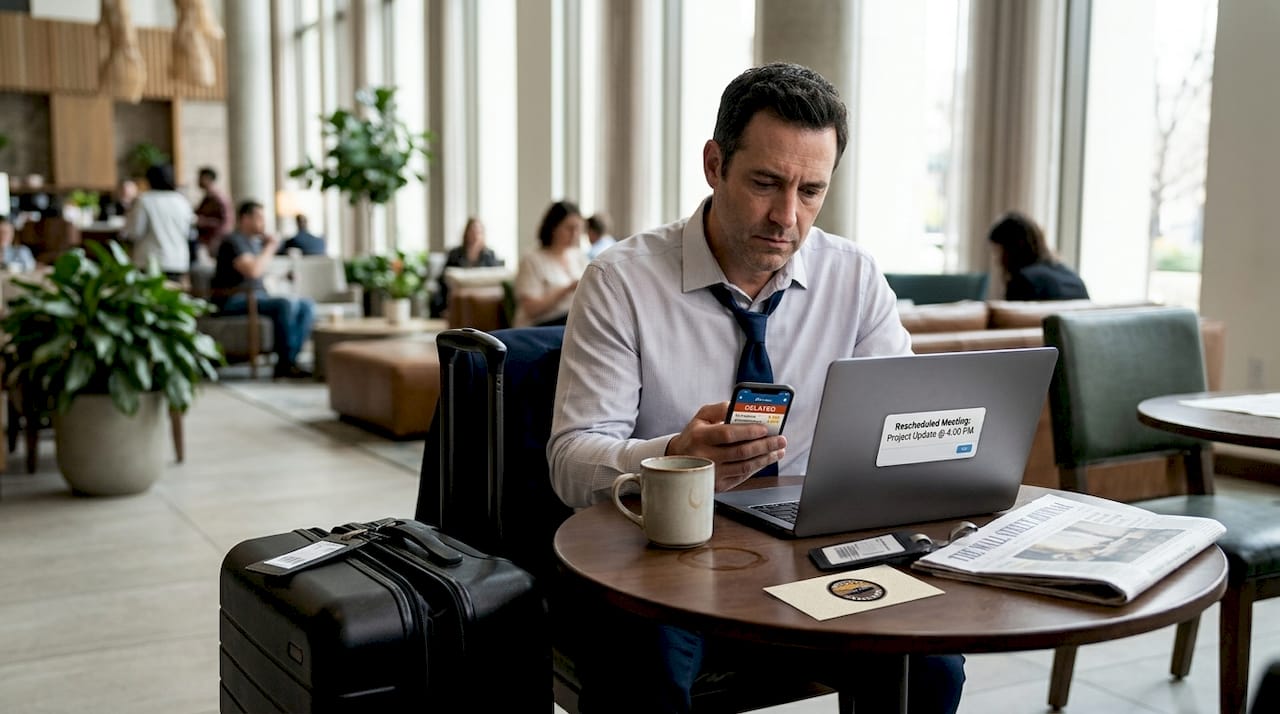 Business traveler rescheduling at hotel lobby table