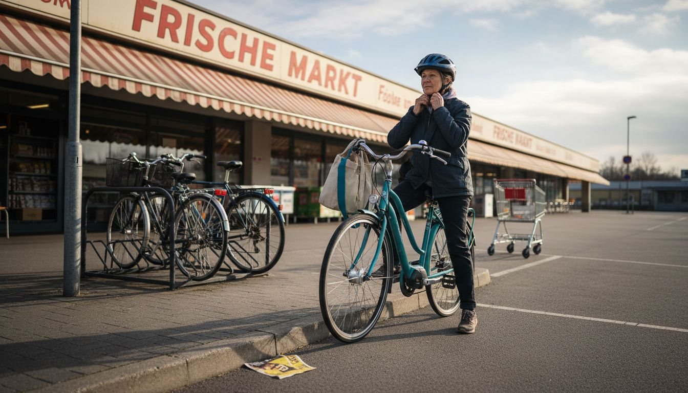 Eine Frau richtet ihren Fahrradhelm, bevor sie mit dem E-Bike durch die Stadt fährt.