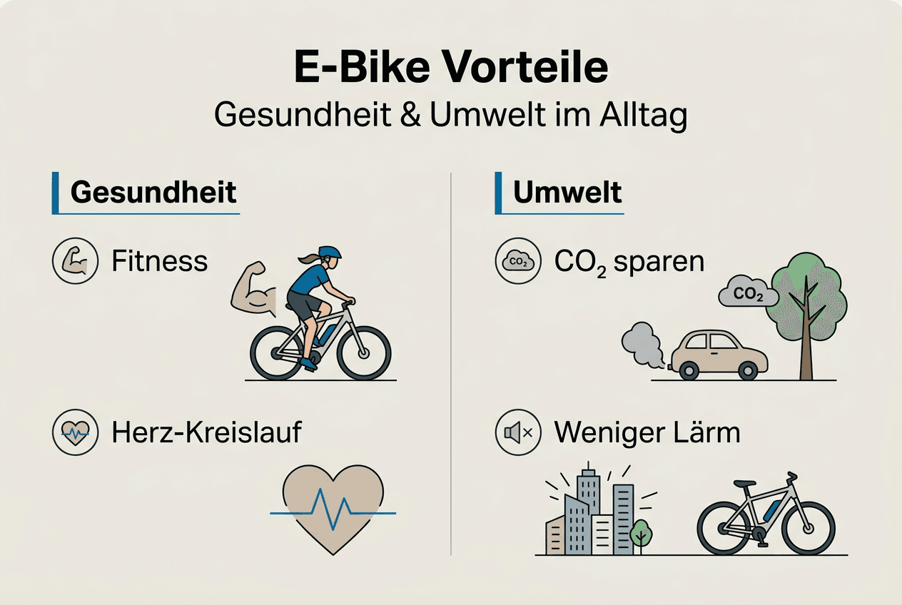 Die Infografik veranschaulicht, wie E-Bikes den Alltag erleichtern, die Gesundheit fördern und einen Beitrag zum Umweltschutz leisten.
