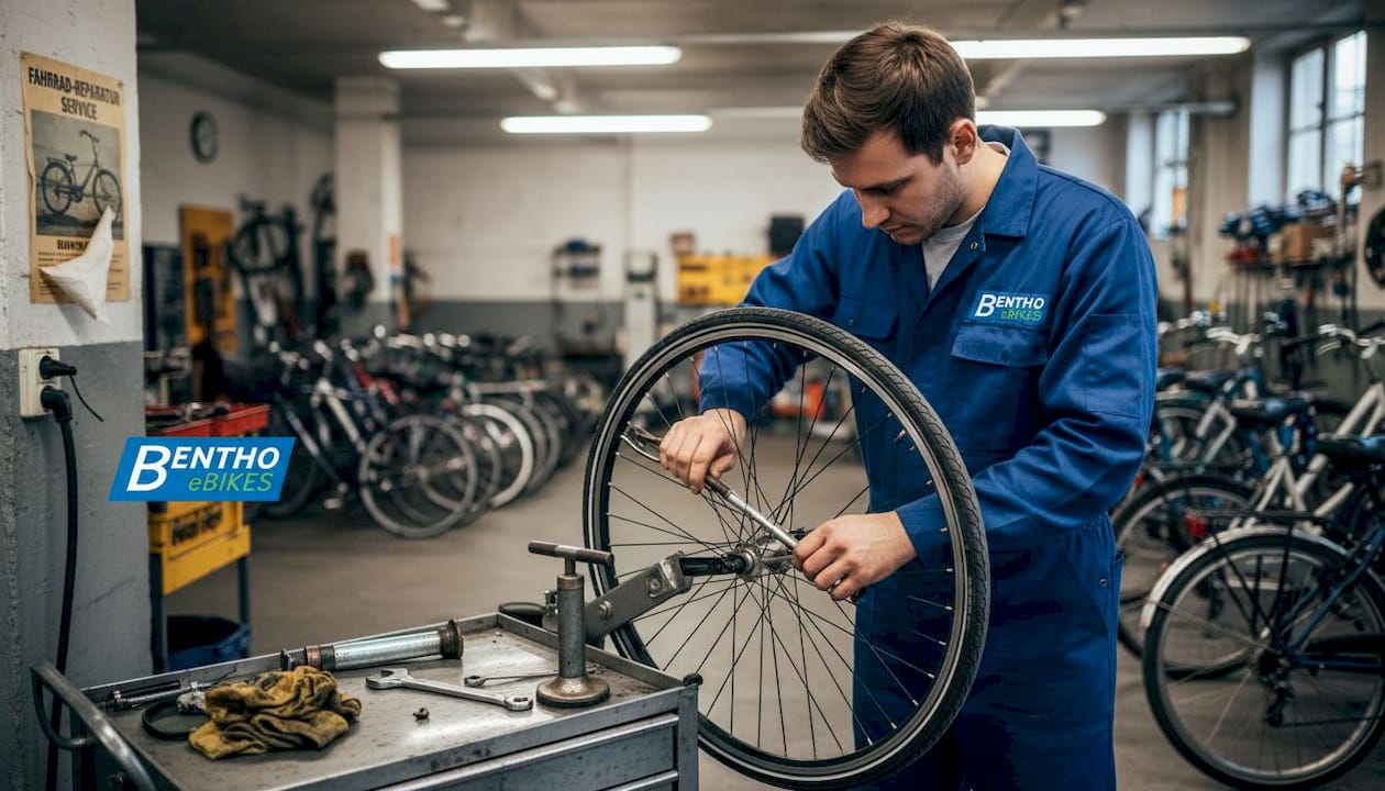 In der Fahrradwerkstatt nimmt ein Mechaniker das Rad genau unter die Lupe und überprüft alle wichtigen Komponenten.